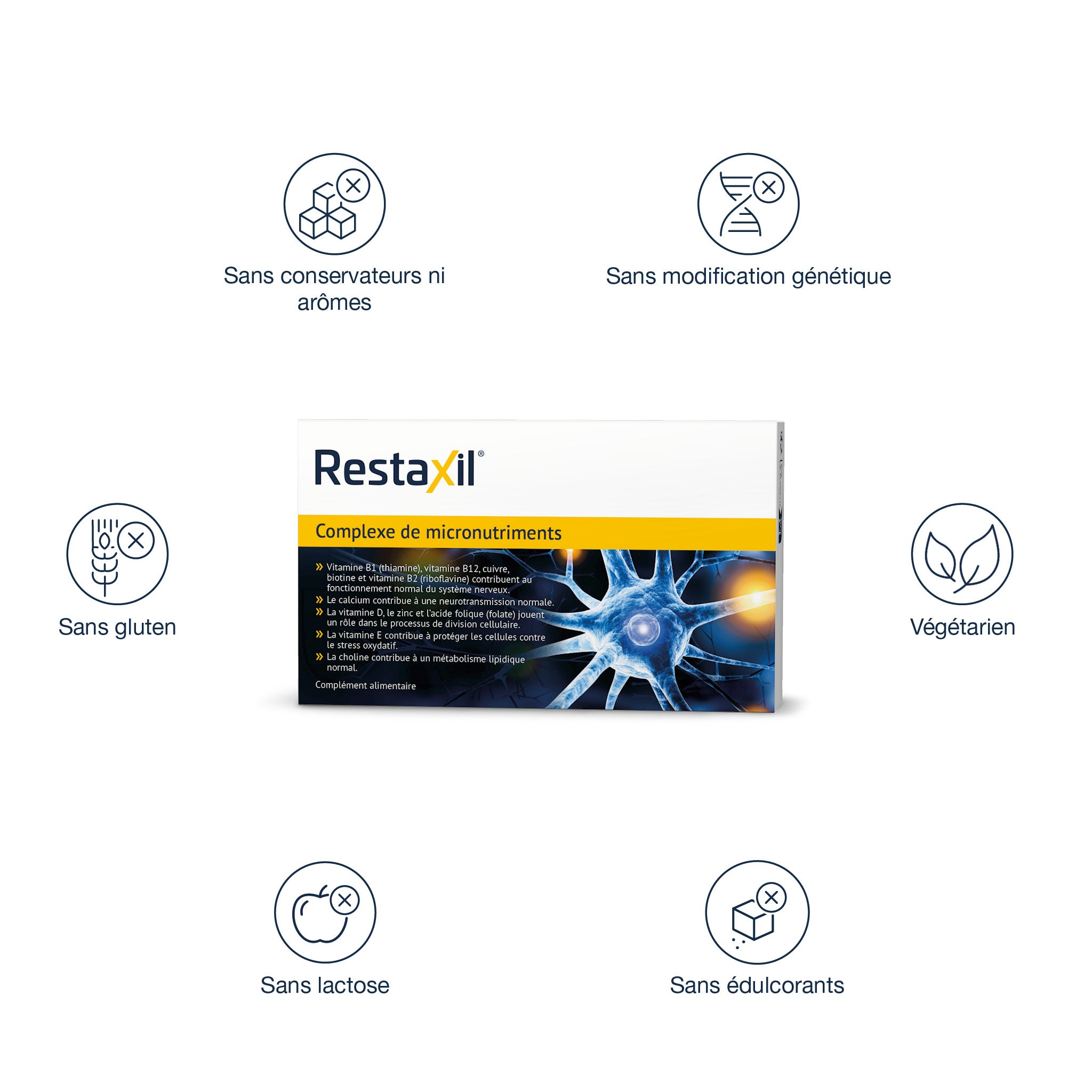 Infographie sur Restaxil. Montre boîte produit entourée d'icônes: Sans conservateurs ni arômes, Sans modification génétique, Végétarien, Sans édulcorants, Sans lactose, Sans gluten. La boîte met en avant les vitamines B pour les nerfs.