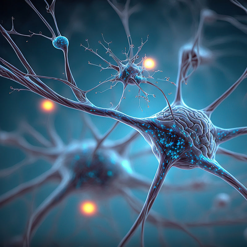 Gros plan d'une représentation stylisée de neurones avec des dendrites et des axones ramifiés. Plusieurs points lumineux suggèrent une activité ou des connexions nerveuses.