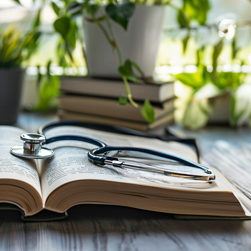 Un manuel ouvert repose sur une table en bois, avec un stéthoscope posé dessus. En arrière-plan flou, d'autres livres et des plantes devant une fenêtre créent une ambiance studieuse.