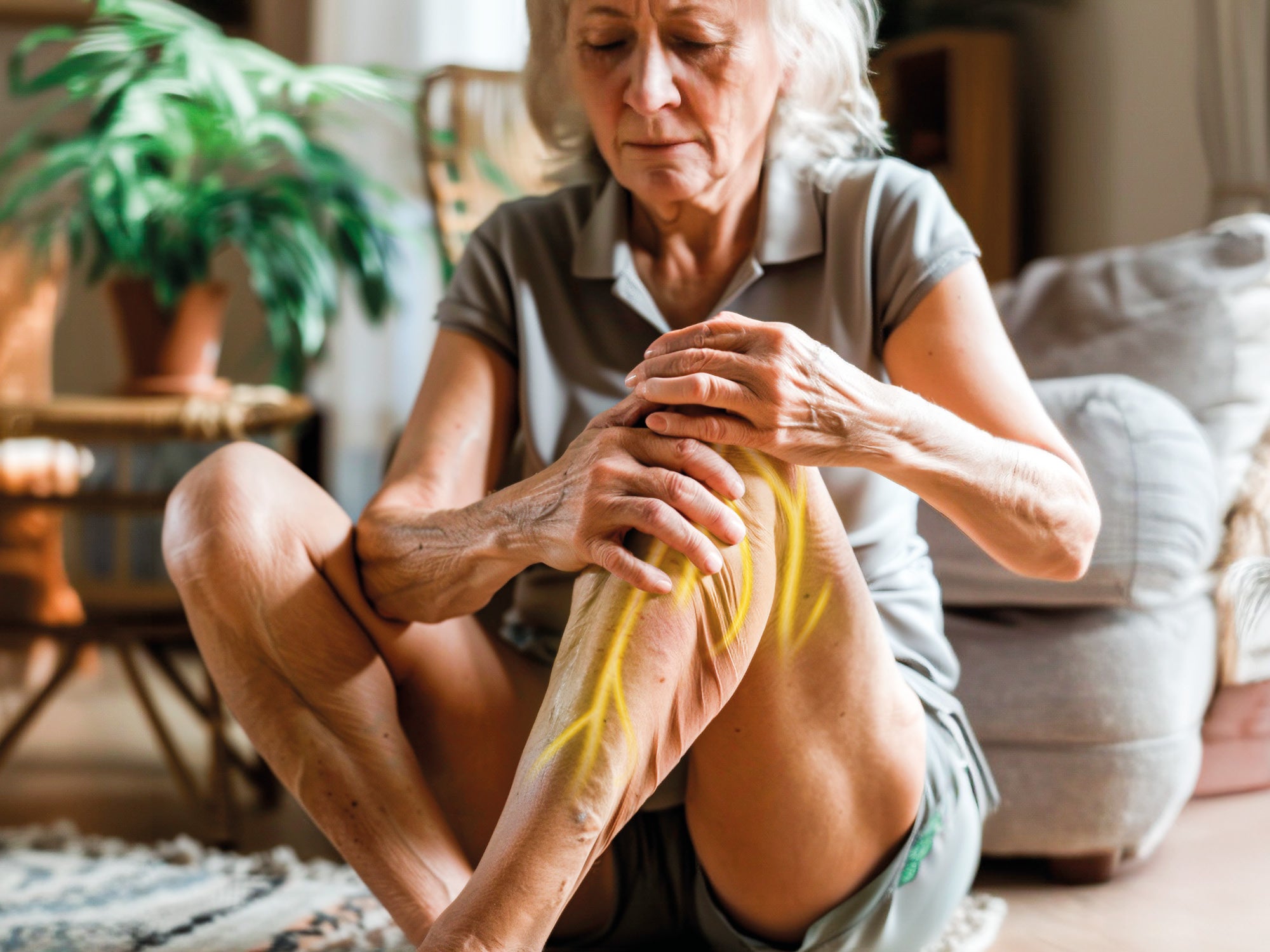 Une femme âgée est assise au sol, se tenant le genou/le bas de la jambe. Des lignes jaunes symbolisent la douleur ou les nerfs dans sa jambe. Son expression faciale indique l'inconfort.