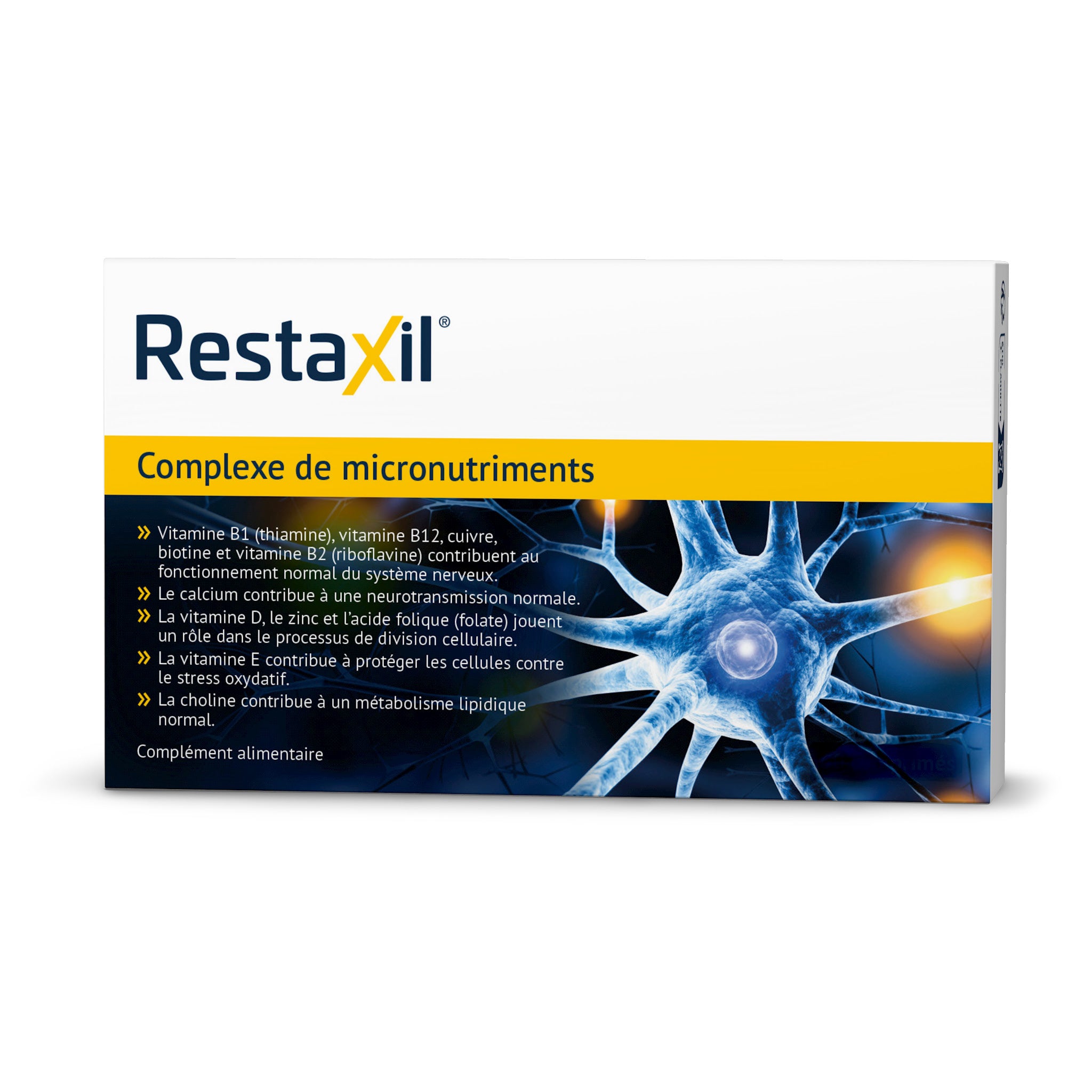 Boîte de Restaxil. Affiche 'Complexe de micronutriments' et bénéfices: Vitamines B/Cuivre/Biotine pour système nerveux; Calcium pour neurotransmission; Vit D/Zinc/Folate pour division cellulaire; Vit E pour protection cellulaire; Choline pour métabolisme lipidique. Complément alimentaire.