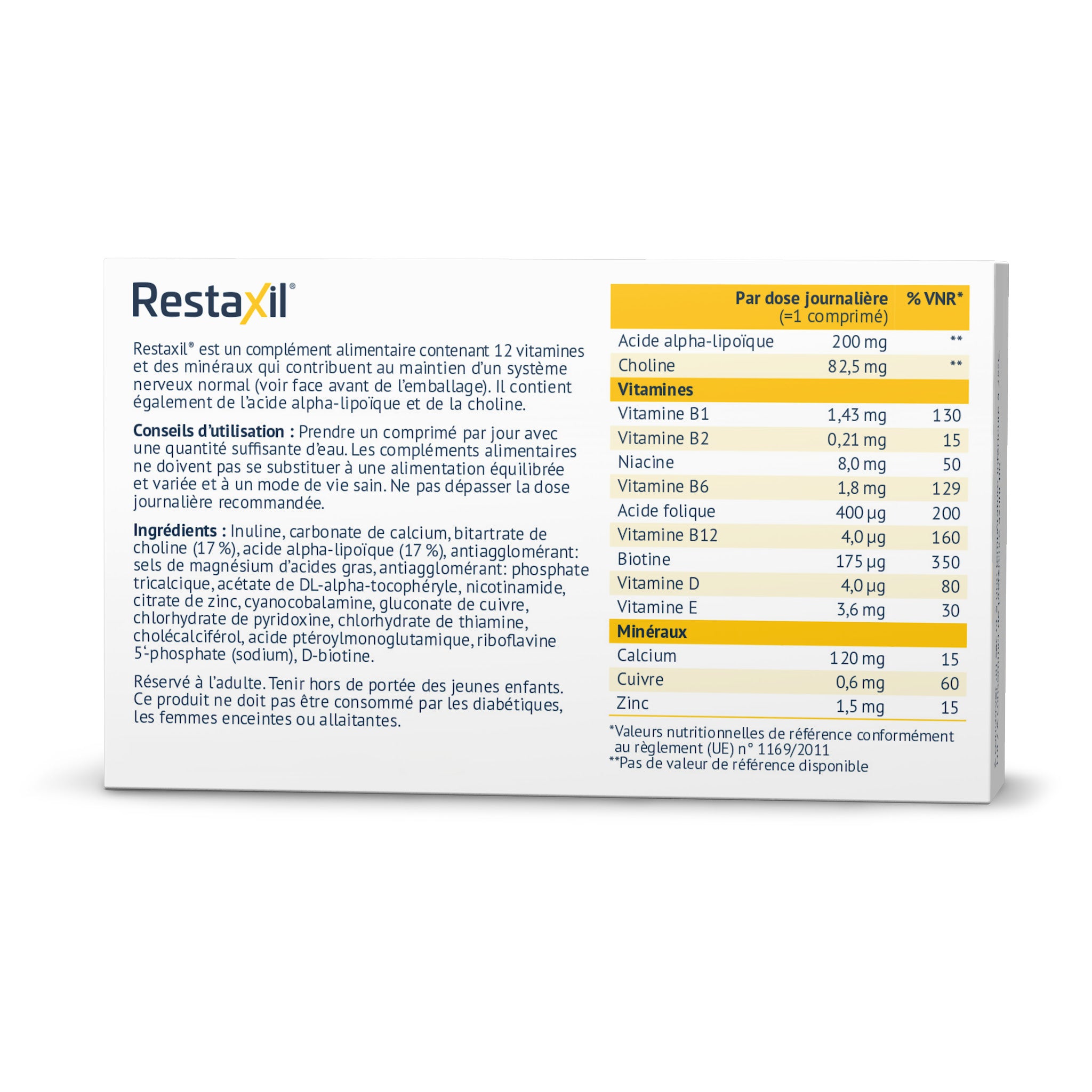Face arrière de la boîte Restaxil. Informations sur 12 vitamines & minéraux pour système nerveux, division cellulaire, énergie. Posologie: 1 comprimé/jour. Avertissements: Non pour diabétiques, femmes enceintes/allaitantes. Contient ALA, Choline.